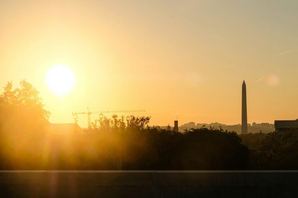A setting sun near the Washington Monument.