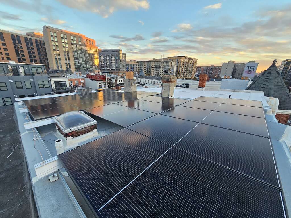 Solar panels on a flat roof in Washington, D.C..