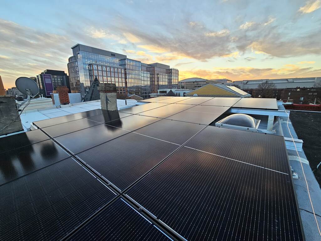 A flat roof solar panel installation completed by Uprise Solar in Washington, D.C..