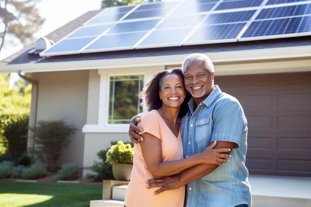 couple standing in front of their home powered by solar