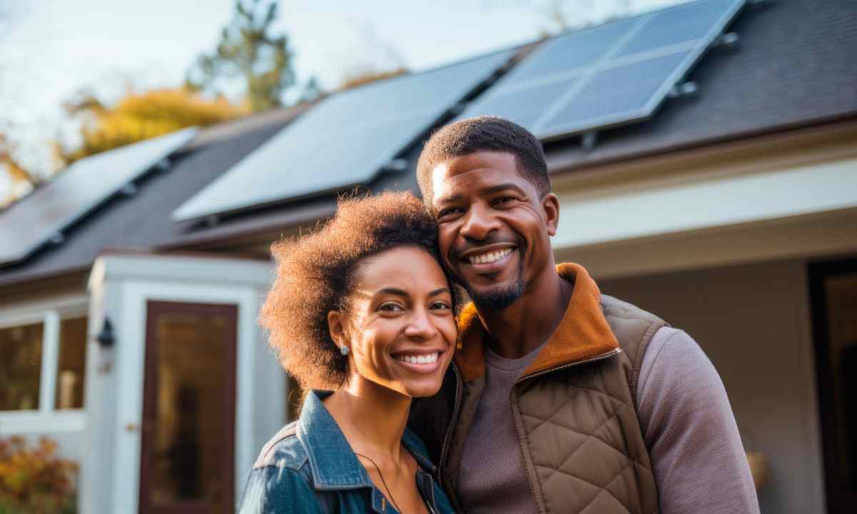 couple standing in front of their home with solar panels