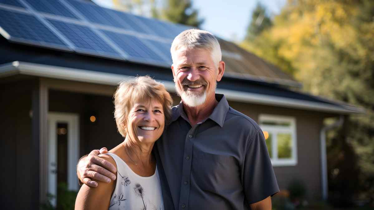 older white couple smiling next to each other in front of their solar powered home