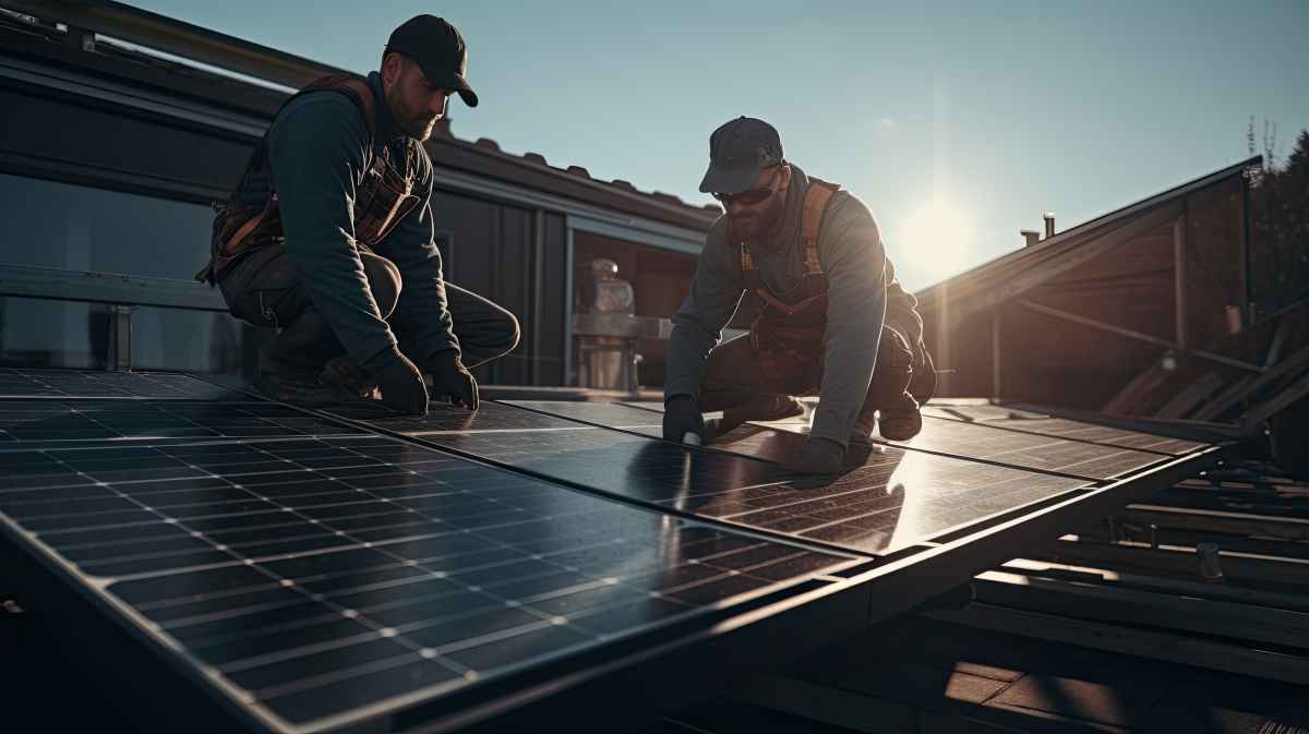 two solar panel techs on a roof of a home installing solar panels