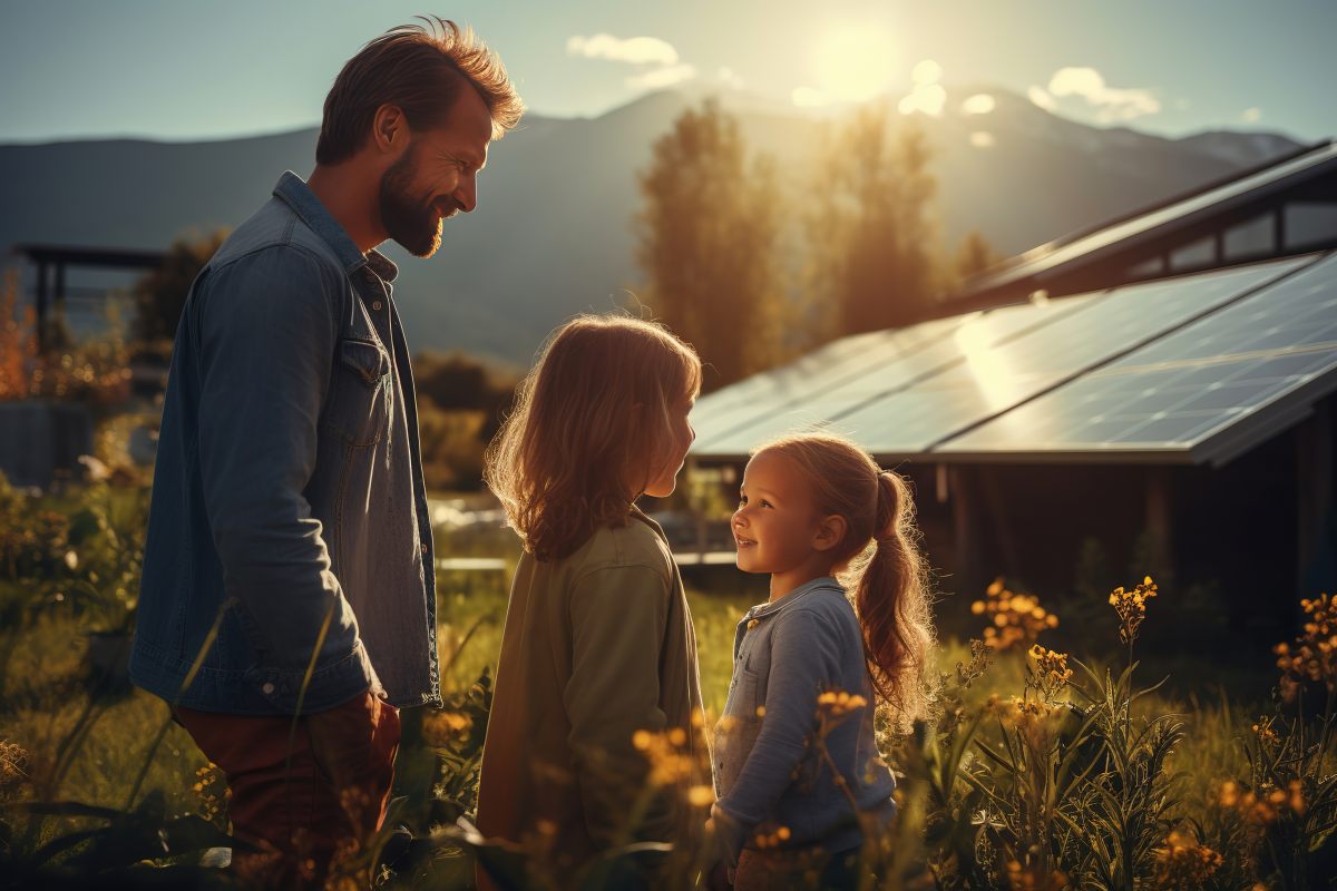 Family in field with solar panels in Northern Virginia