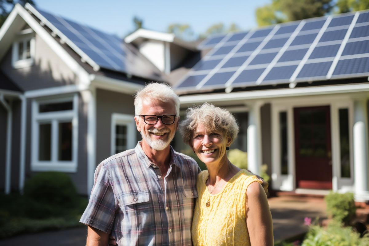 Older couple after a Maryland solar panel installation