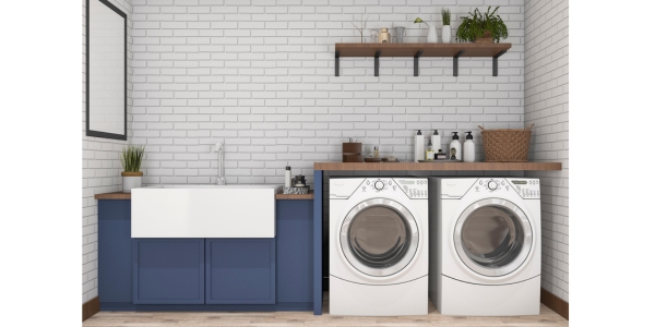 A clean, modern laundry room with Energy Star appliances.