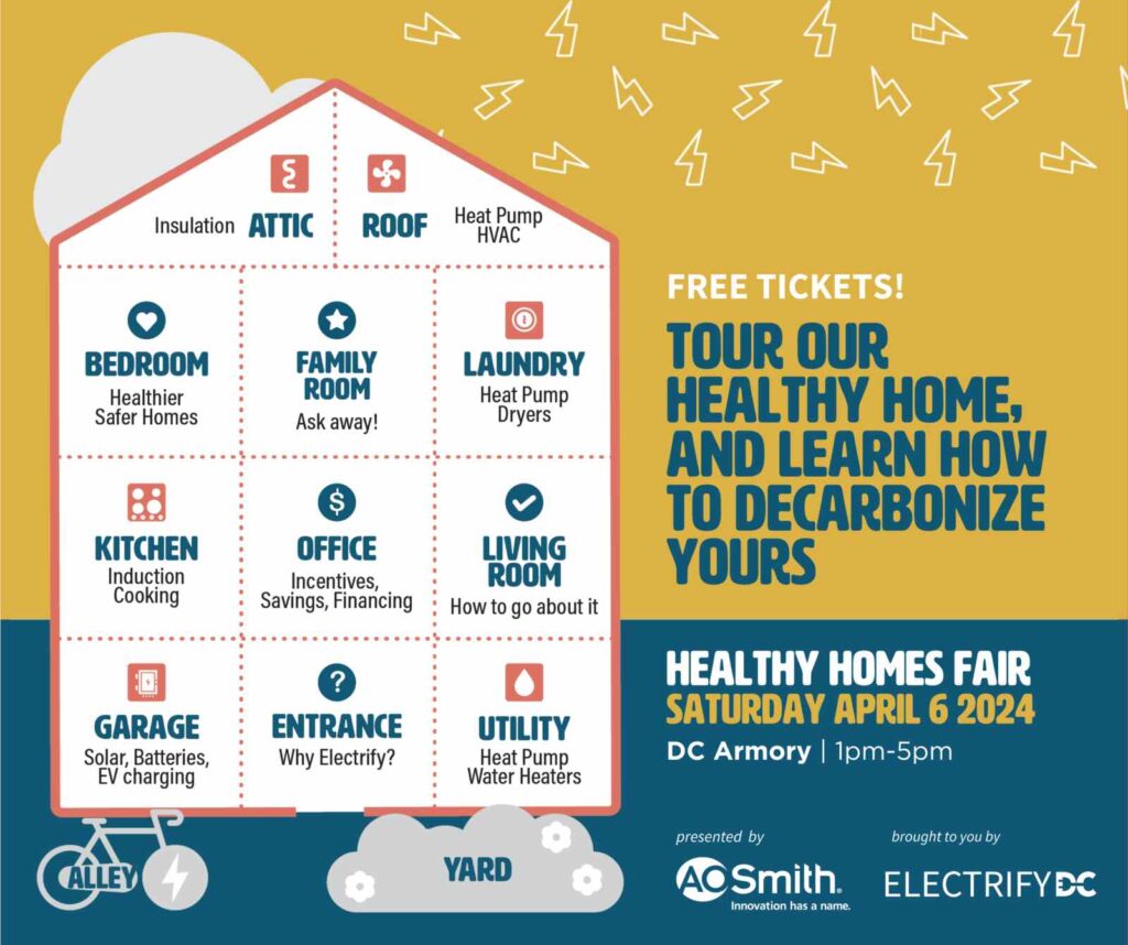 A graphic for the Healthy Homes Fair, showing how homeowners can learn about home electrification.