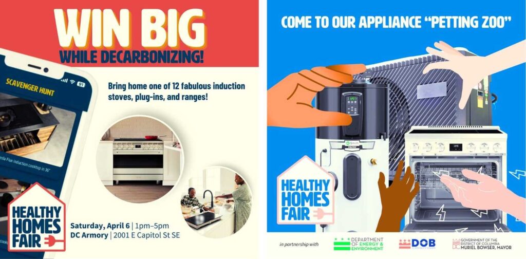 Graphics showing available activities at the Healthy Homes Fair, such as the appliance petting zoo, and scavenger hunts.