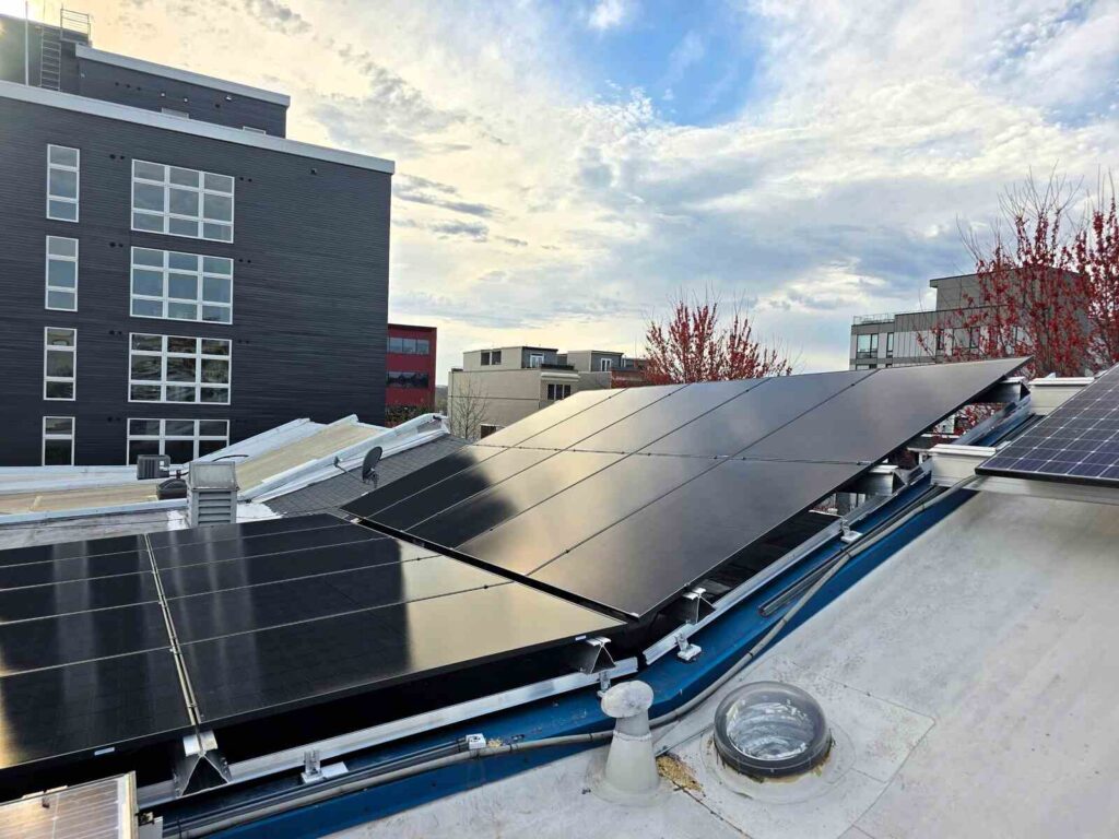 A solar installation on a flat roof in Washington, DC.