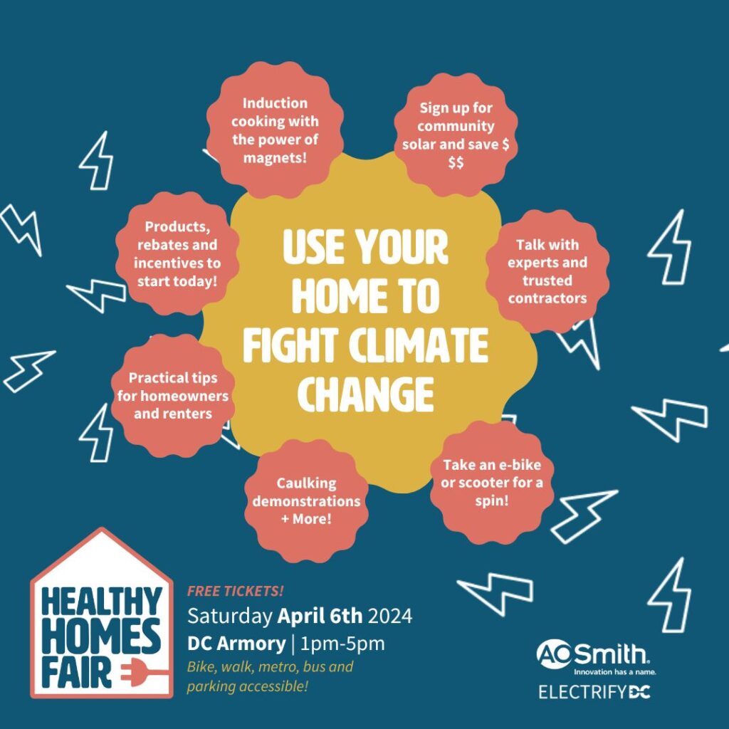 A graphic for the Healthy Homes Fair on how to use your home to fight climate change.