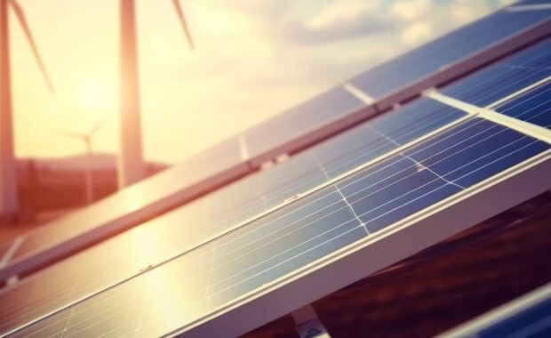 solar panels on a Washington DC roof under a clear sky with wind turbines in the distance