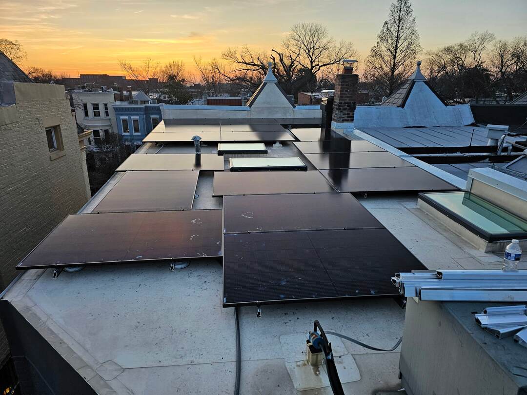 Solar panels at sunset.