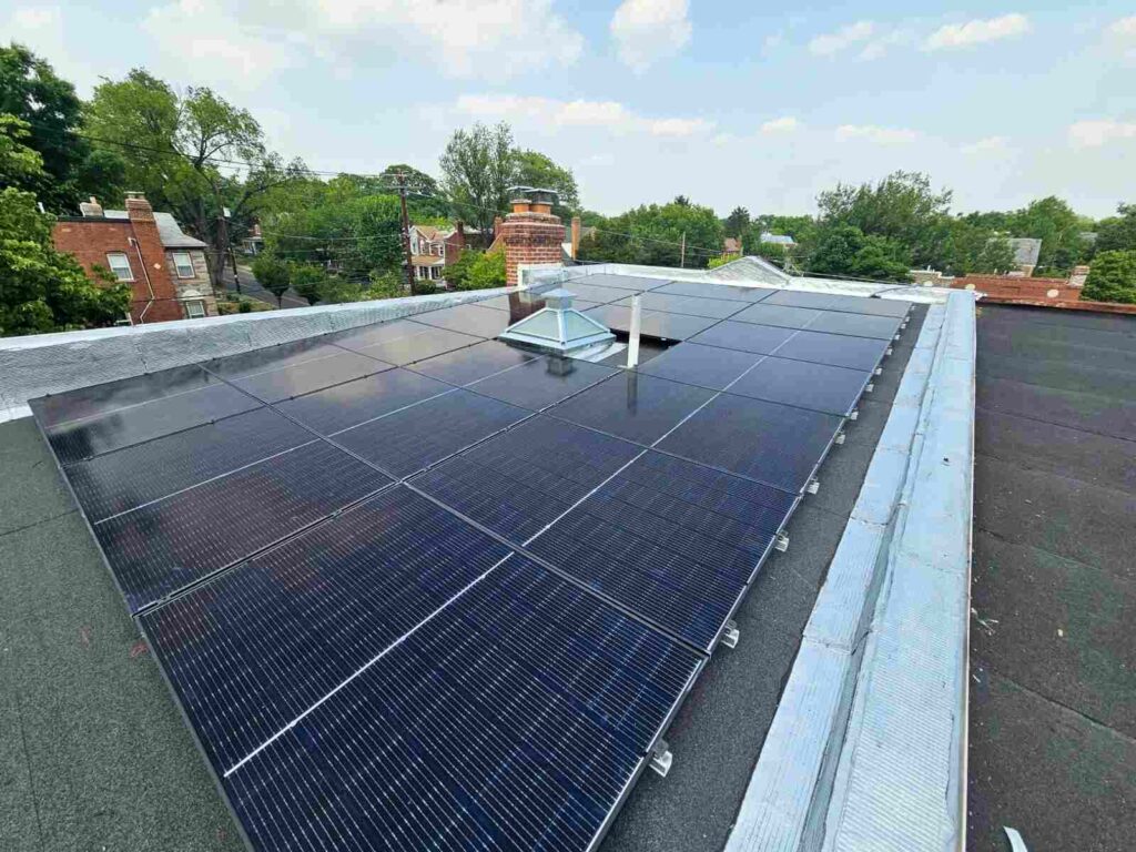 Blue solar panels on a flat roof in Northeast DC.