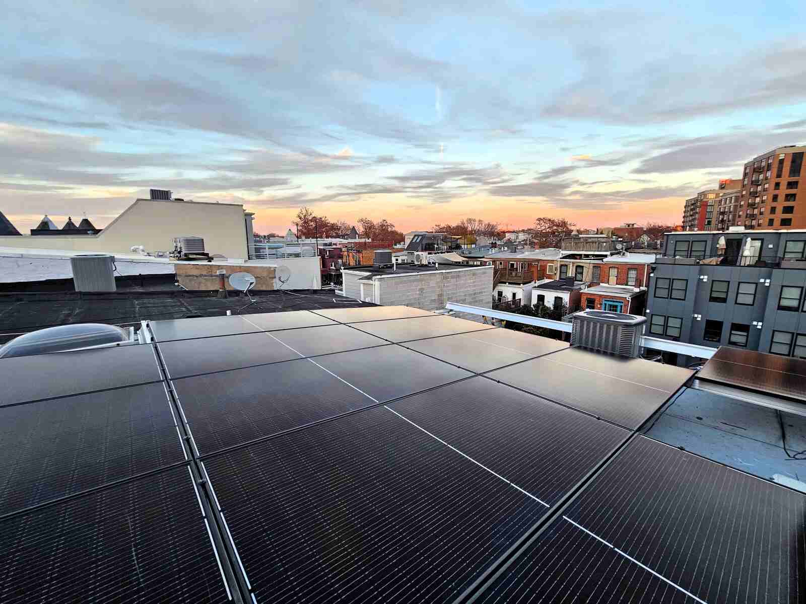 Solar panels on a flat roof in Northwest DC.