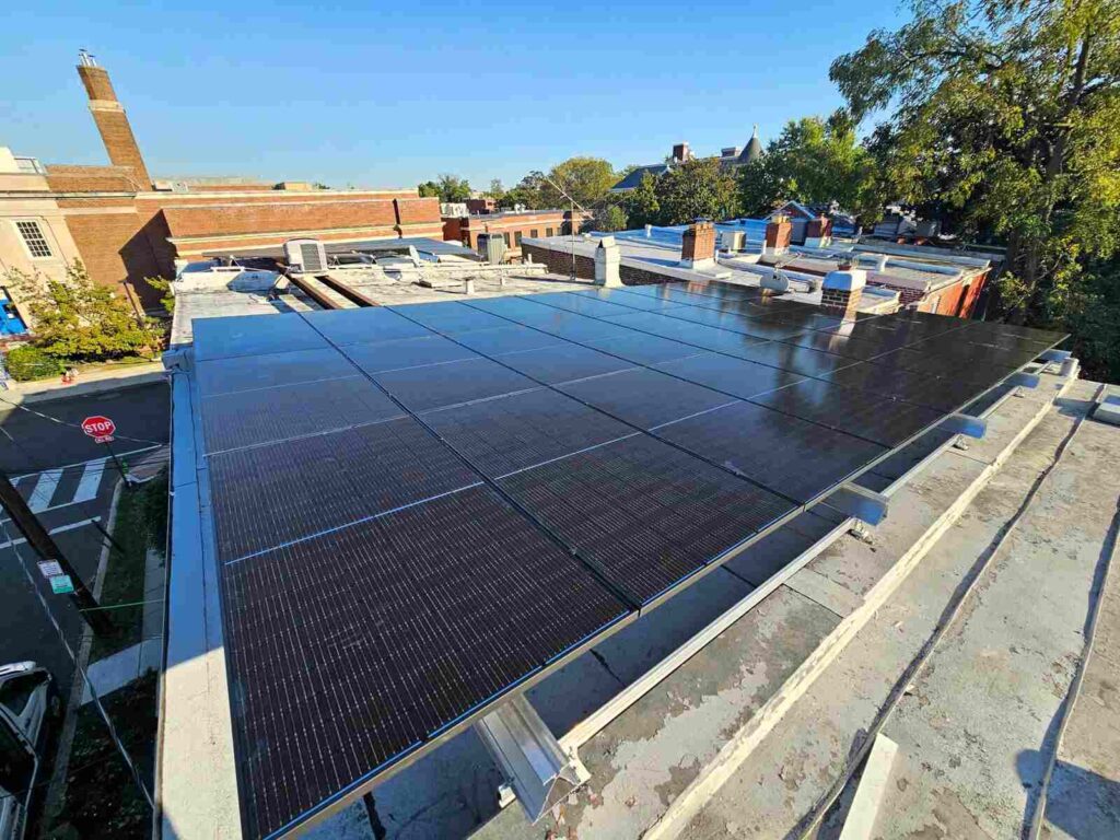 Solar panels on a flat roof.