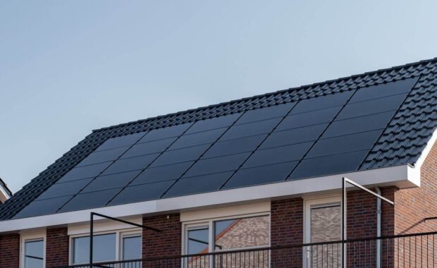 Close up of Washington DC home with solar panels