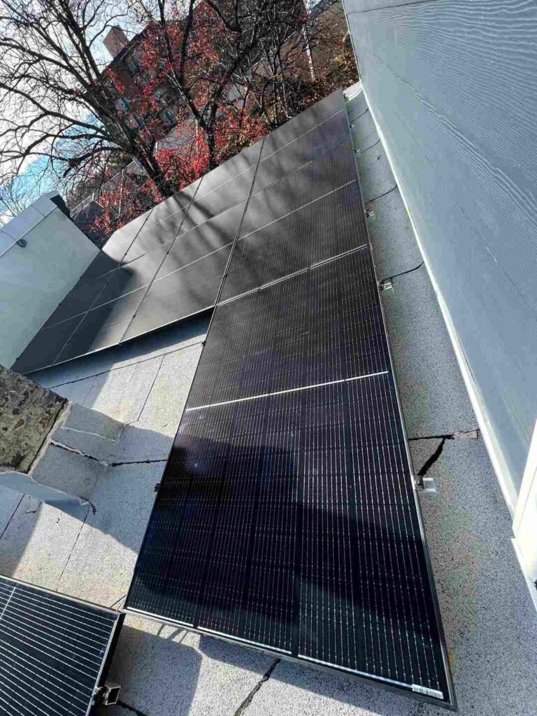 Solar panels on a flat roof with winter trees in the background.