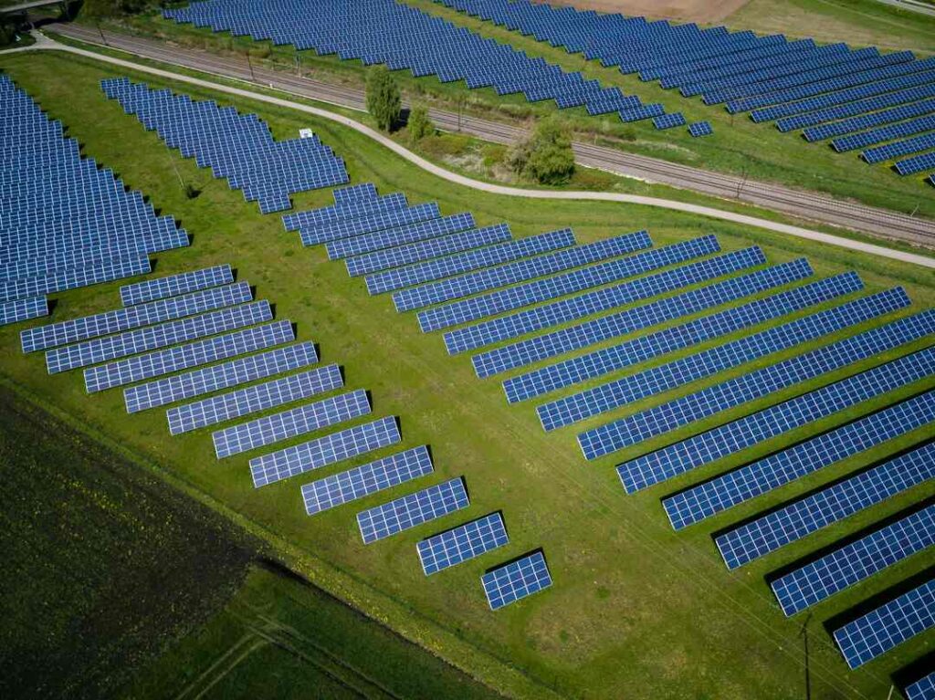 An aerial view of a large ground mount solar installation.