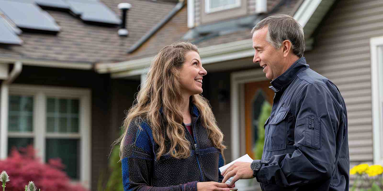 happy homeowners with solar panels installed on their home