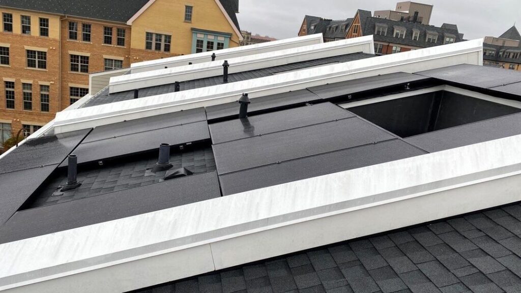 Solar panels on a pitched roof in Northeast Washington, DC.