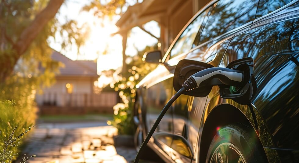 EV charging car on a sunny summer day ourside his garage