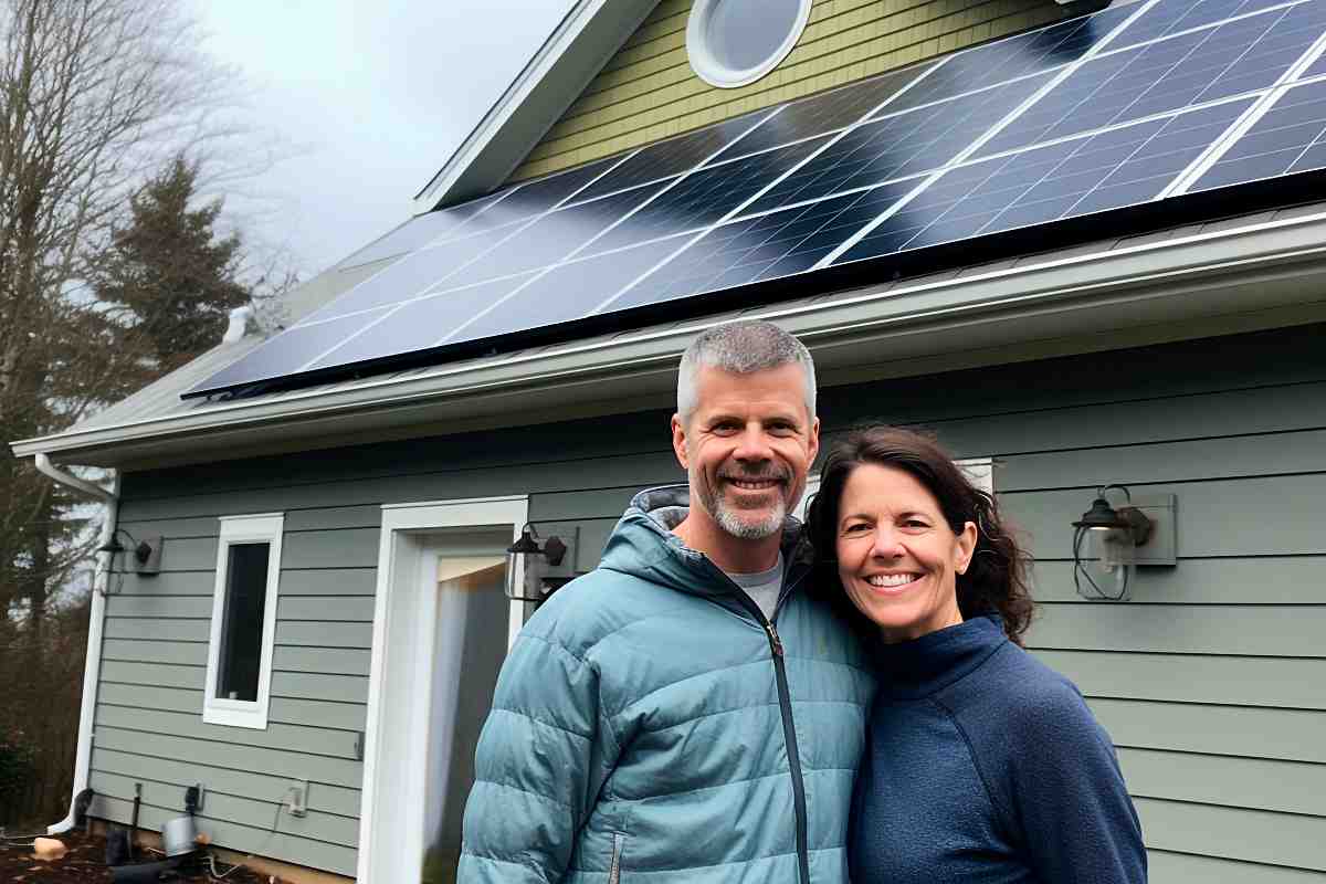 middle ages couple standing in front of home with solar panels through solar switch