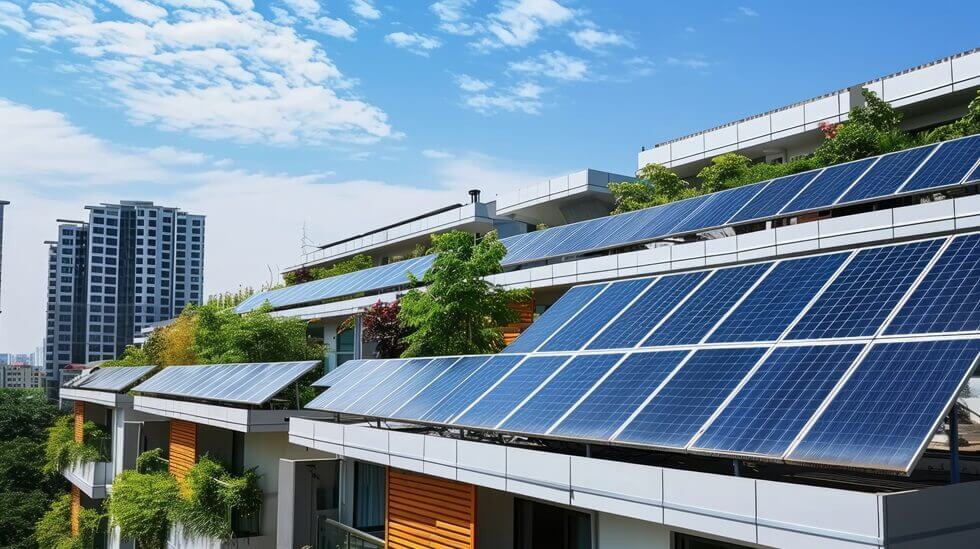 modern eco friendly passive house with solar panels on rooftop