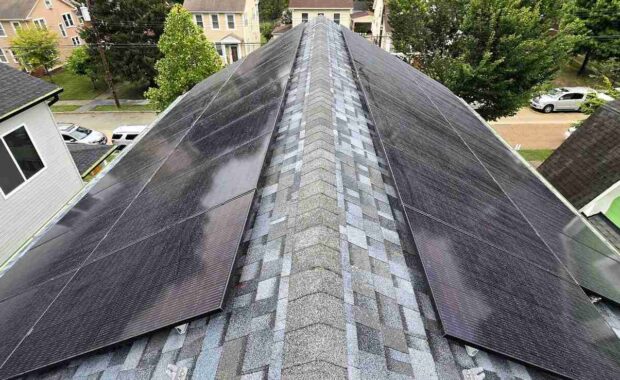 Solar panels on a pitched shingle roof in Northeast DC.