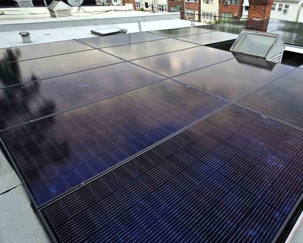 Solar panels on a flat roof in Northeast DC.