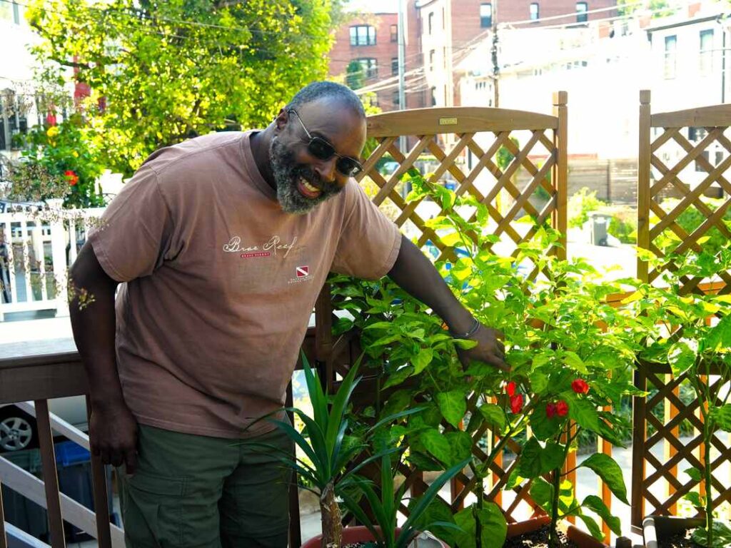 Peter with the hot peppers he grows on his back deck.