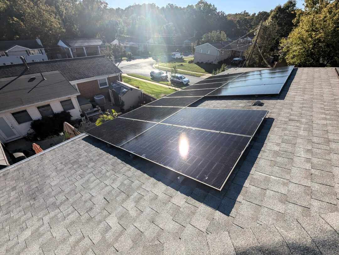 Solar panels on a pitched roof in Temple Hills, Maryland.