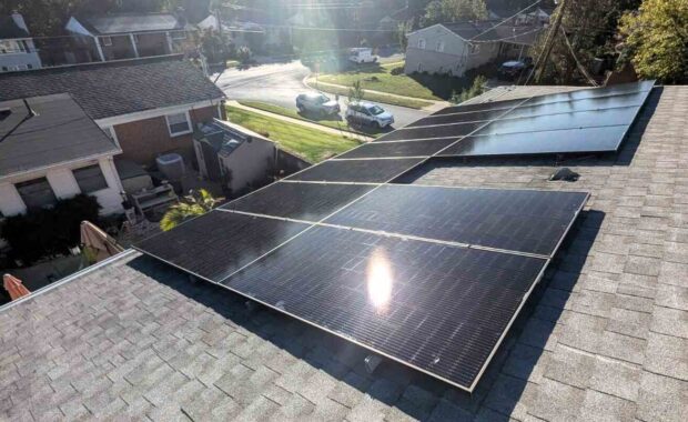 Solar panels on a sloped roof in Temple Hills, Maryland.